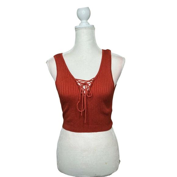 forever 21 knit sleeveless crop top crossover on front sz small chestnut - Picture 1 of 6